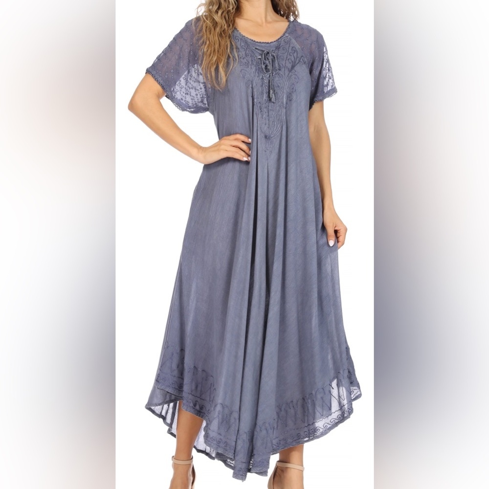 Sakkas Egan Women's Long Embroidered Caftan Dress / Cover Up With Cap Sleeves